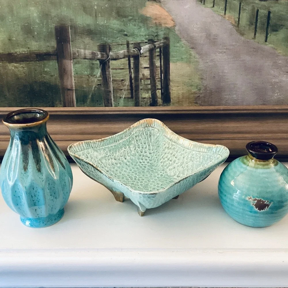 Turquoise Ceramics Set Of 3 Mixed Pieces Vases Square Bowl Home Accents Decor - Picture 4 of 12